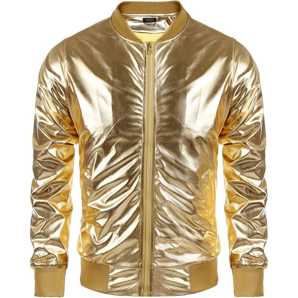 Men's 01-Gold Shiny Fabric Varsity Bomber Jacket Metallic Style Zipper Shirts
